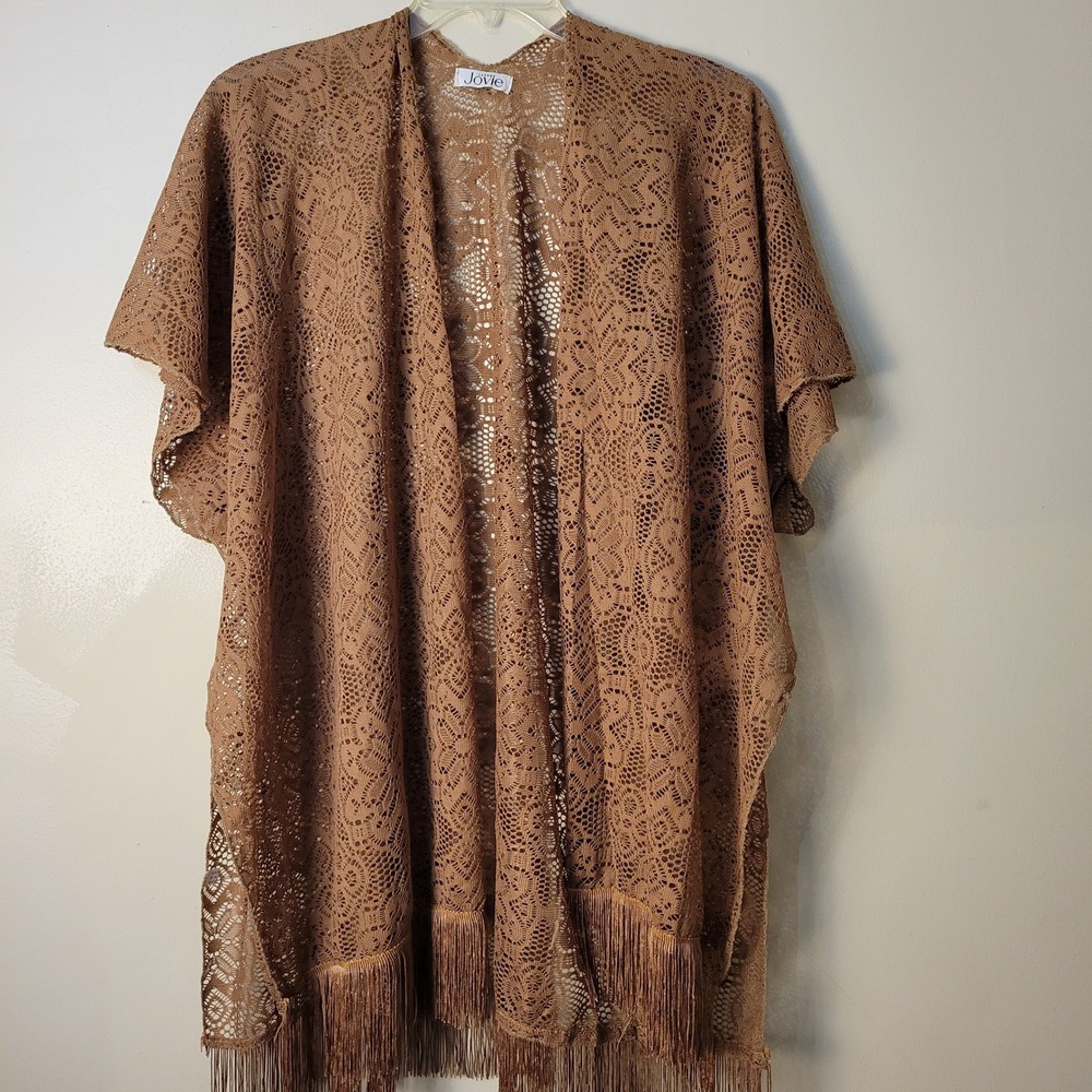 Jovie Womens Brown Floral Lace Fringe Kimono Cardigan Boho Open Front One Size